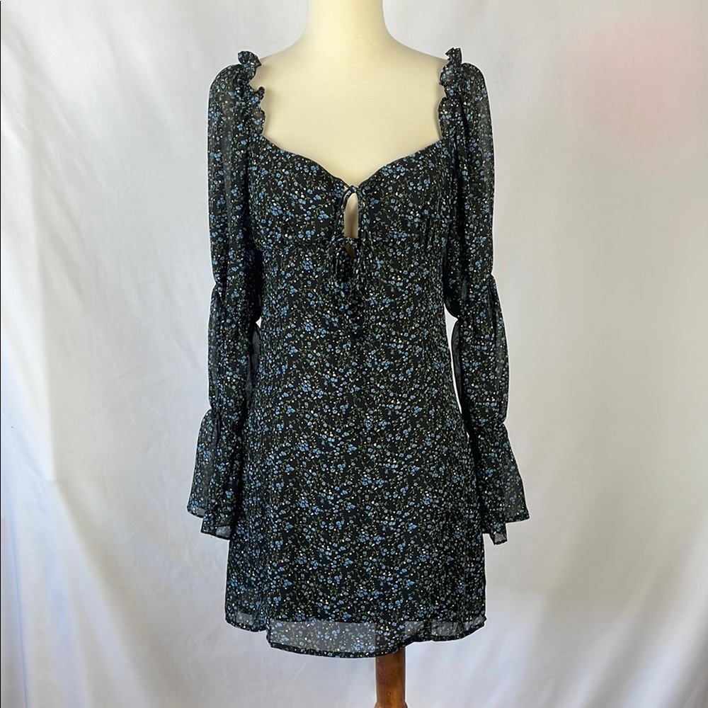 Beige Botany Black and Blue Floral Women's Mini Dress w/2 Front Keyholes -Medium